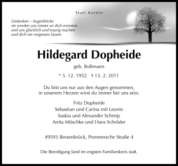 Traueranzeige von Hildegard Dopheide von Neue Osnabrücker Zeitung GmbH & Co. KG