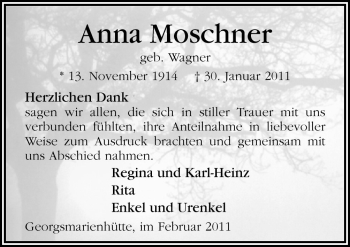Traueranzeige von Anna Moschner von Neue Osnabrücker Zeitung GmbH & Co. KG