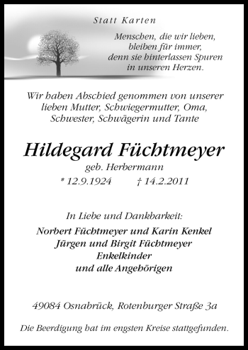 Traueranzeige von Hildegard Füchtmeyer von Neue Osnabrücker Zeitung GmbH & Co. KG