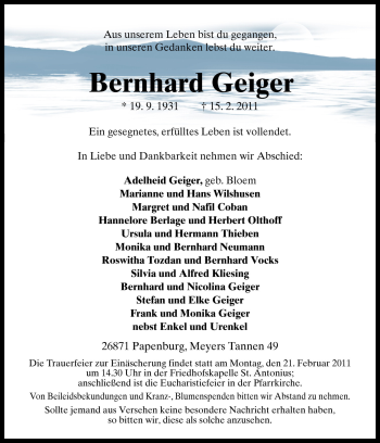 Traueranzeige von Bernhard Geiger von Neue Osnabrücker Zeitung GmbH & Co. KG