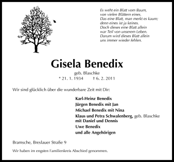 Traueranzeige von Gisela Benedix von Neue Osnabrücker Zeitung GmbH & Co. KG