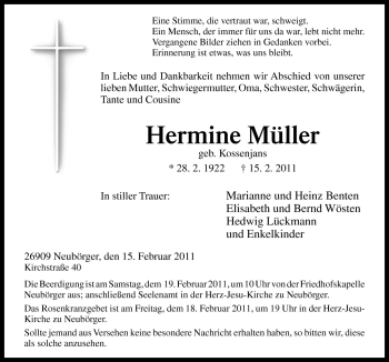 Traueranzeige von Hermine Müller von Neue Osnabrücker Zeitung GmbH & Co. KG