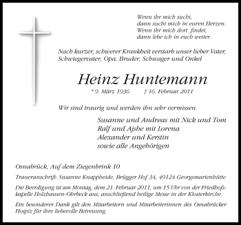 Traueranzeige von Heinz Huntemann von Neue Osnabrücker Zeitung GmbH & Co. KG
