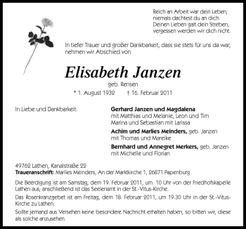Traueranzeige von Elisabeth Janzen von Neue Osnabrücker Zeitung GmbH & Co. KG