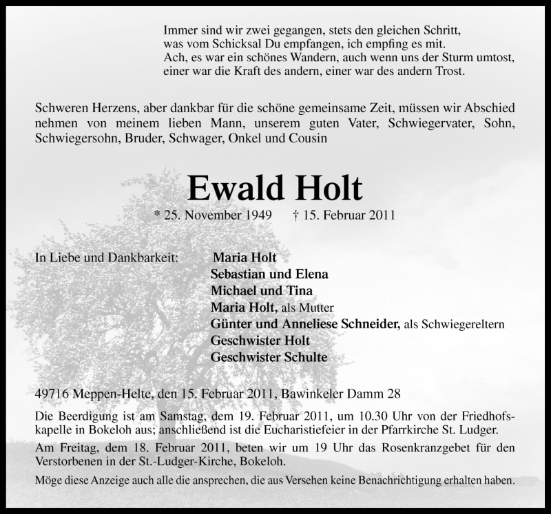  Traueranzeige für Ewald Holt vom 18.02.2011 aus Neue Osnabrücker Zeitung GmbH & Co. KG