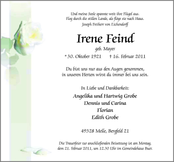 Traueranzeige von Irene Feind von Neue Osnabrücker Zeitung GmbH & Co. KG