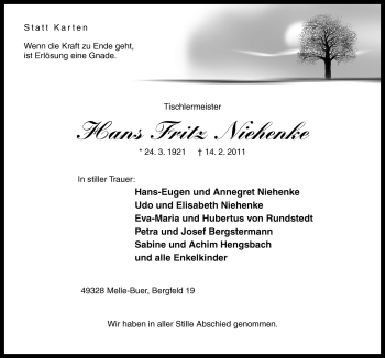 Traueranzeige von Hans Fritz Niehenke von Neue Osnabrücker Zeitung GmbH & Co. KG