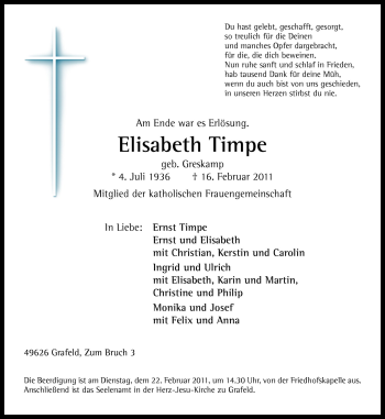 Traueranzeige von Elisabeth Timpe von Neue Osnabrücker Zeitung GmbH & Co. KG