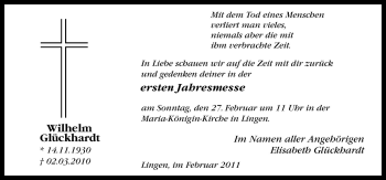 Traueranzeige von Wilhelm Glückhardt von Neue Osnabrücker Zeitung GmbH & Co. KG