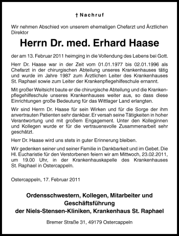 Traueranzeige von Erhard Haase von Neue Osnabrücker Zeitung GmbH & Co. KG