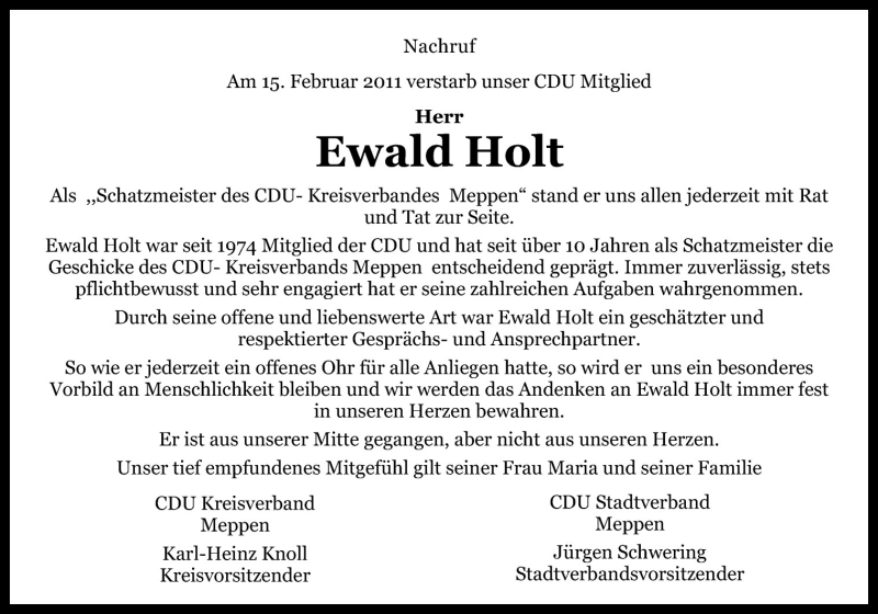  Traueranzeige für Ewald Holt vom 19.02.2011 aus Neue Osnabrücker Zeitung GmbH & Co. KG