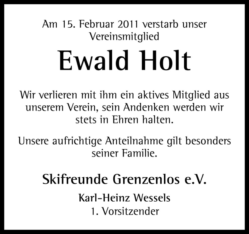  Traueranzeige für Ewald Holt vom 21.02.2011 aus Neue Osnabrücker Zeitung GmbH & Co. KG