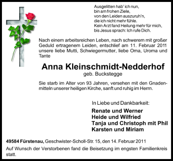 Traueranzeige von Anna Kleinschmidt-Nedderhof von Neue Osnabrücker Zeitung GmbH & Co. KG