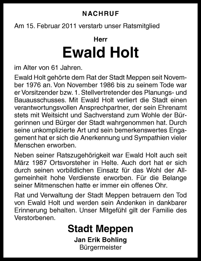  Traueranzeige für Ewald Holt vom 19.02.2011 aus Neue Osnabrücker Zeitung GmbH & Co. KG