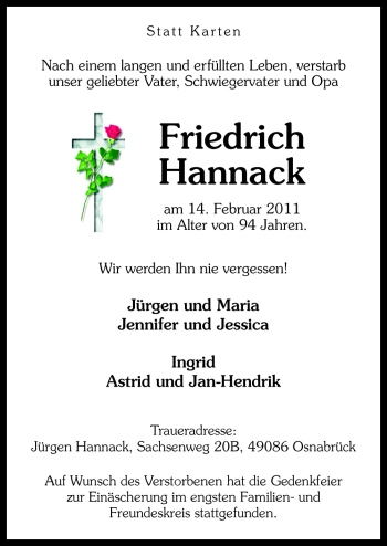 Traueranzeige von Friedrich Hannack von Neue Osnabrücker Zeitung GmbH & Co. KG