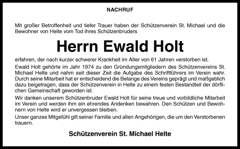  Traueranzeige für Ewald Holt vom 21.02.2011 aus Neue Osnabrücker Zeitung GmbH & Co. KG