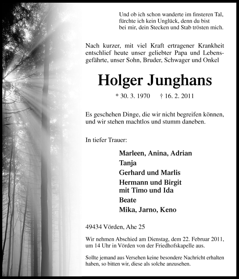  Traueranzeige für Holger Junghans vom 19.02.2011 aus Neue Osnabrücker Zeitung GmbH & Co. KG