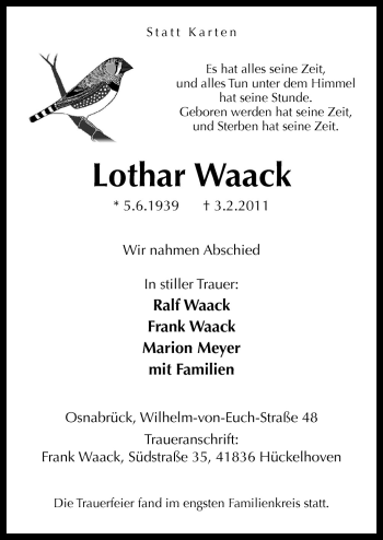 Traueranzeige von Lothar Waack von Neue Osnabrücker Zeitung GmbH & Co. KG