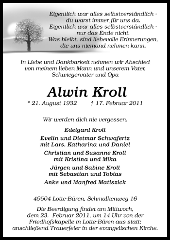 Traueranzeige von Alwin Kroll von Neue Osnabrücker Zeitung GmbH & Co. KG