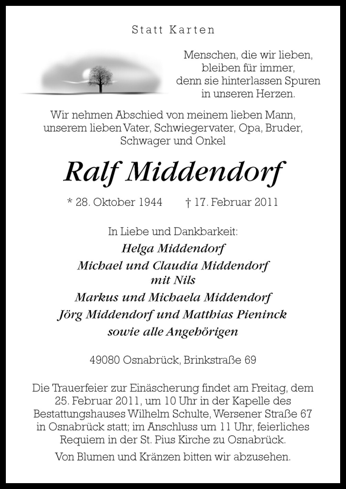  Traueranzeige für Ralf Middendorf vom 22.02.2011 aus Neue Osnabrücker Zeitung GmbH & Co. KG