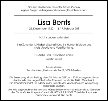 Traueranzeige von Lisa Bents von Neue Osnabrücker Zeitung GmbH & Co. KG