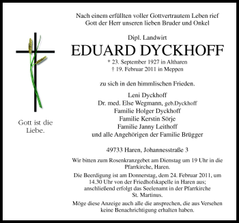 Traueranzeige von Eduard Dyckhoff von Neue Osnabrücker Zeitung GmbH & Co. KG