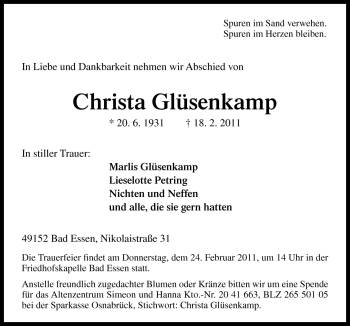 Traueranzeige von Christa Glüsenkamp von Neue Osnabrücker Zeitung GmbH & Co. KG
