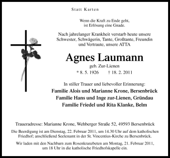 Traueranzeige von Agnes Laumann von Neue Osnabrücker Zeitung GmbH & Co. KG