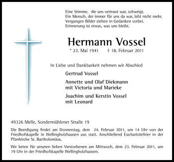 Traueranzeige von Hermann Vossel von Neue Osnabrücker Zeitung GmbH & Co. KG