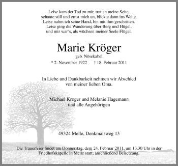 Traueranzeige von Marie Kröger von Neue Osnabrücker Zeitung GmbH & Co. KG