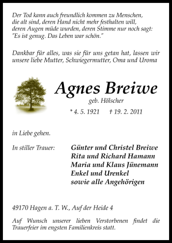Traueranzeige von Agnes Breiwe von Neue Osnabrücker Zeitung GmbH & Co. KG