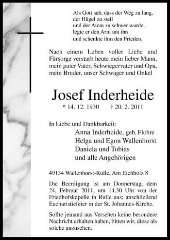 Traueranzeige von Josef Inderheide von Neue Osnabrücker Zeitung GmbH & Co. KG