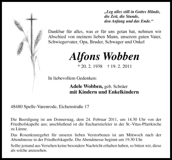 Traueranzeige von Alfons Wobben von Neue Osnabrücker Zeitung GmbH & Co. KG