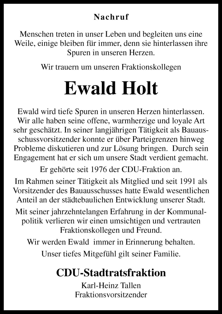 Traueranzeige für Ewald Holt vom 22.02.2011 aus Neue Osnabrücker Zeitung GmbH & Co. KG