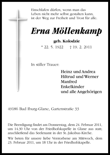 Traueranzeige von Erna Möllenkamp von Neue Osnabrücker Zeitung GmbH & Co. KG