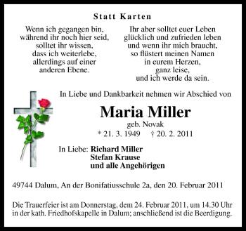 Traueranzeige von Maria Miller von Neue Osnabrücker Zeitung GmbH & Co. KG