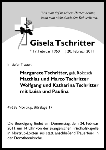 Traueranzeige von Gisela Tschritter von Neue Osnabrücker Zeitung GmbH & Co. KG