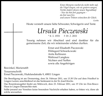 Traueranzeige von Ursula Pieczewski von Neue Osnabrücker Zeitung GmbH & Co. KG