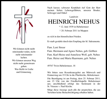 Traueranzeige von Heinrich Nehus von Neue Osnabrücker Zeitung GmbH & Co. KG