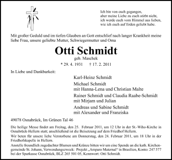 Traueranzeige von Otti Schmidt von Neue Osnabrücker Zeitung GmbH & Co. KG