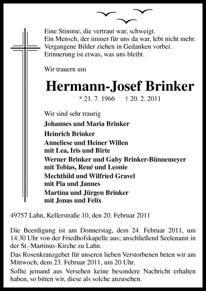  Traueranzeige für Hermann-Josef Brinker vom 22.02.2011 aus Neue Osnabrücker Zeitung GmbH & Co. KG