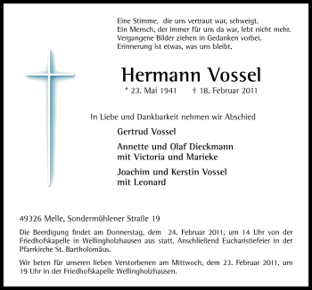 Traueranzeige von Hermann Vossel von Neue Osnabrücker Zeitung GmbH & Co. KG