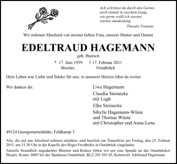 Traueranzeige von Edeltraud Hagemann von Neue Osnabrücker Zeitung GmbH & Co. KG