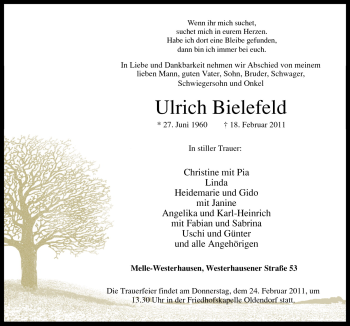 Traueranzeige von Ulrich Bielefeld von Neue Osnabrücker Zeitung GmbH & Co. KG