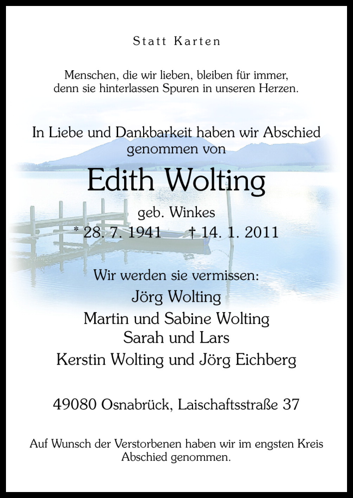  Traueranzeige für Edith Wolting vom 26.02.2011 aus Neue Osnabrücker Zeitung GmbH & Co. KG