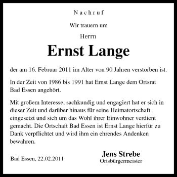 Traueranzeige von Ernst Lange von Neue Osnabrücker Zeitung GmbH & Co. KG