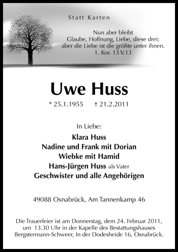 Traueranzeige von Uwe Huss von Neue Osnabrücker Zeitung GmbH & Co. KG