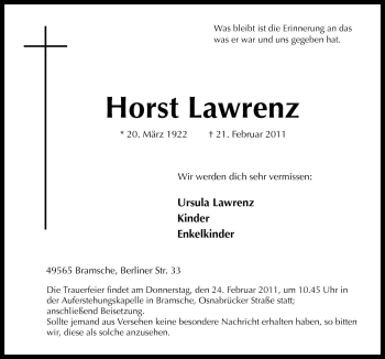 Traueranzeige von Horst Lawrenz von Neue Osnabrücker Zeitung GmbH & Co. KG