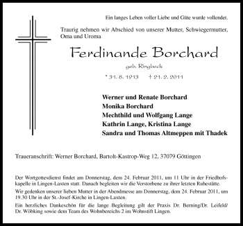 Traueranzeige von Ferdindande Borchard von Neue Osnabrücker Zeitung GmbH & Co. KG
