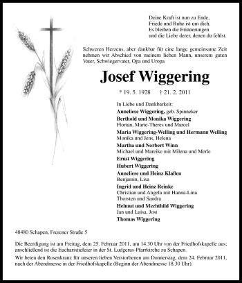 Traueranzeige von Josef Wiggering von Neue Osnabrücker Zeitung GmbH & Co. KG